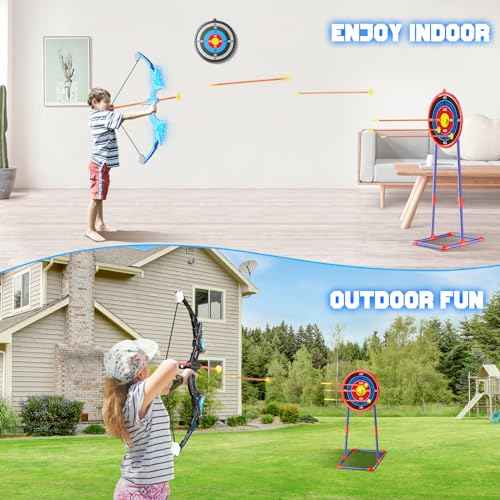 2 Pack Kids Bow and Arrow, 20 Suction Cup Arrows, 2 Archery Targets&Quiver, Light-up Set for 4 5 6 7 8 9 10 11 12 Year Old, Indoor Outdoor Toys for Ages 5-7 8-13 Boys Girls(Black & Blue)