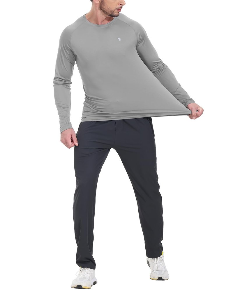 TBMPOY Men's Hiking Shirts Waterproof Dry Fit Athletic T-Shirts SPF Long Sleeve Safari Shirts Outdoor Work Swim Fishing Tops Light Grey XXXL