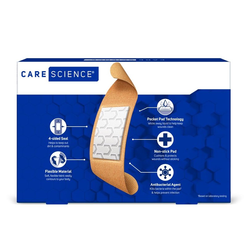 Care Science Antibacterial Fabric Adhesive Bandages, 100 ct Assorted Sizes (Pack of 72) | Flexible + Breathable Protection Helps Prevent Infection for First Aid and Wound Care