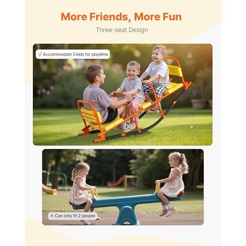 VEVOR Seesaw Teeter Totter for Kids Outdoor, 200 lbs Load Capacity, Metal Rocking Teeter Totter with Handles, Toddler Seesaw for Kids Aged 3+, Playground Equipment for Lawn, Backyard, 3 Seats