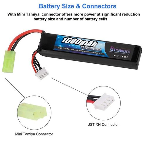 BESWON 2 Packs Airsoft Battery 11.1V Rechargeable 1600mAh 30C Lipo Battery with Mini Tamiya Connector,2S-3S Balance Charger for Airsoft Guns Rifle
