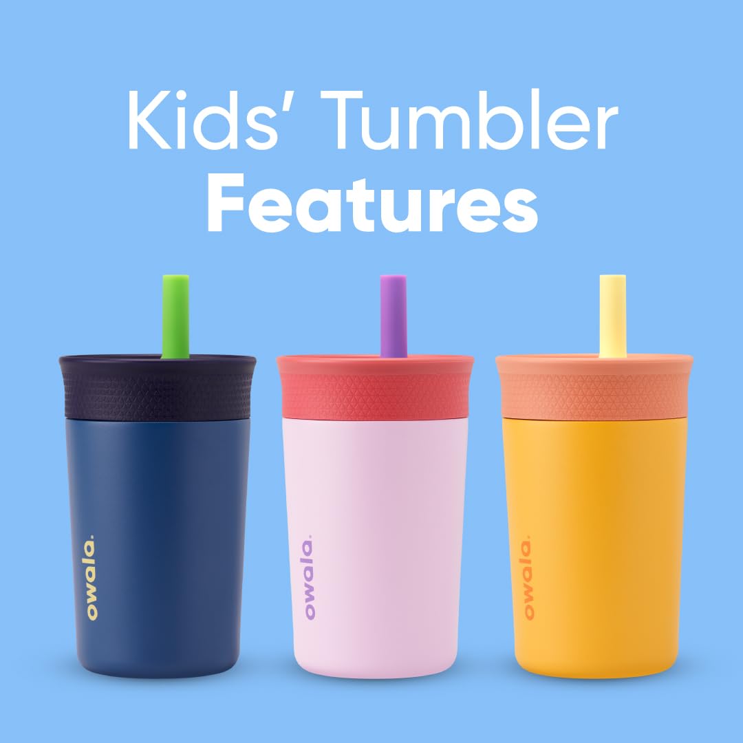 Owala Kids Insulation Stainless Steel Tumbler with Spill Resistant Flexible Straw, Easy to Clean, Kids Water Bottle, Great for Travel, Dishwasher Safe, 12 Oz, Peach and Yellow (Picnic)