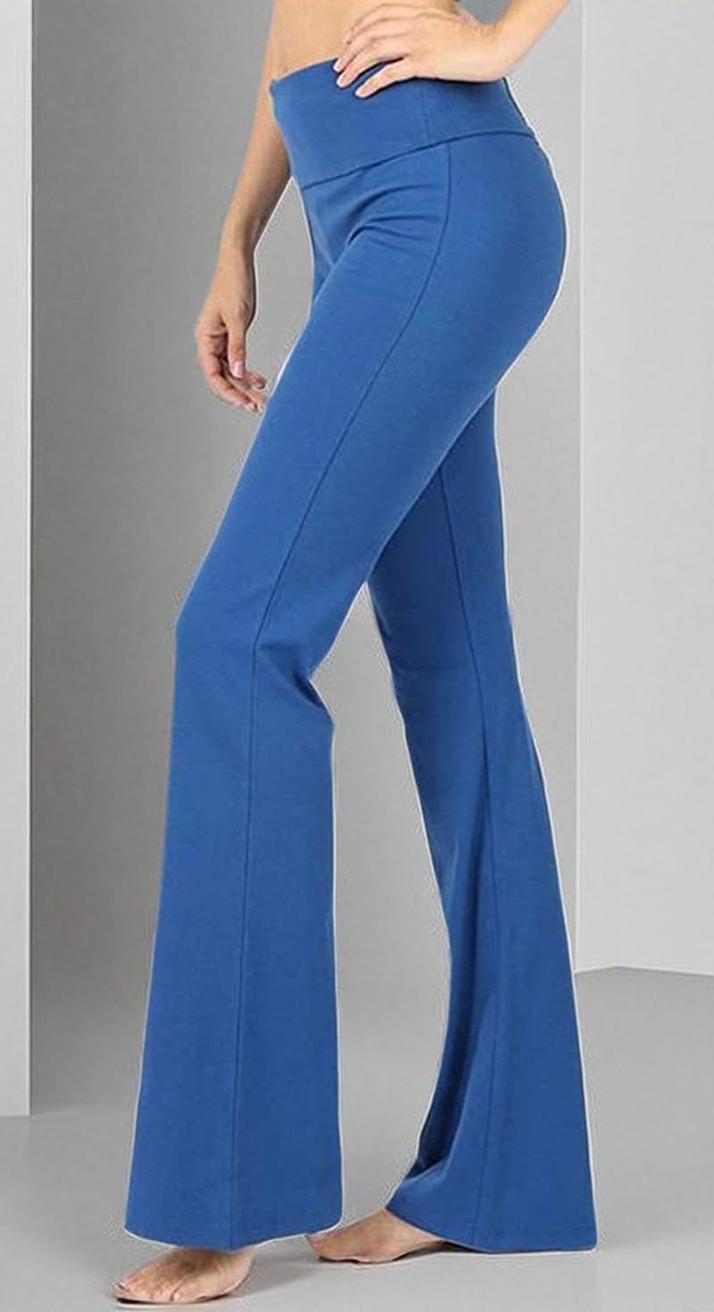 Zenana Fold Over Waist Cotton Stretch Flare Leg Boot Cut Yoga Pants Sapphire Large