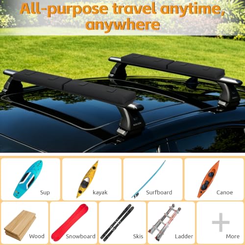 Universal Soft Roof Rack Pads with Roof Rack - Kayak Surfboard Canoe Luggage Carrier + Tie Down Straps