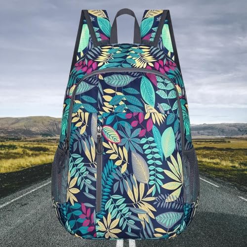 Lightweight Foldable Backpack Waterproof Nylon Travel & Hiking Bag, Spacious & Portable, Unisex (Blue Leaves)
