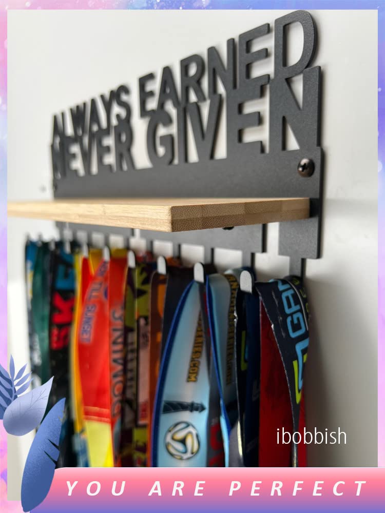 iBobbish Premium Medal Hanger Display Trophy Shelf,ALWAYS EARNED NEVER GIVEN Trophy display shelf Upgraded Medal Display Shelf for Wrest,gymanstics,Race,Soccer..