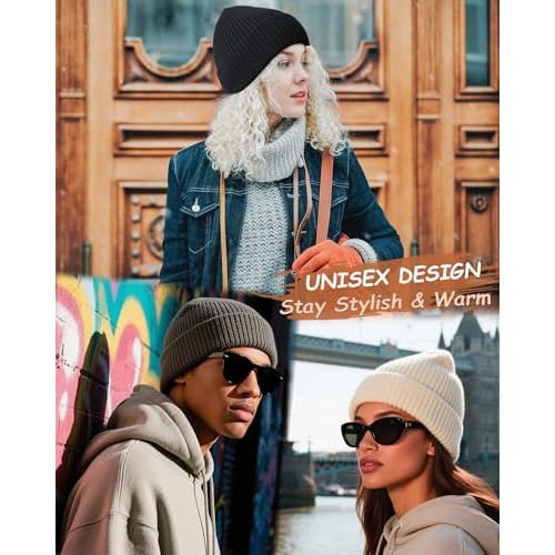 Wool Beanie for Men Women, Seamless Knit Cuffed Warm Winter Hats Fisherman Beanies Womens Ski Hat Skull Cap Unisex