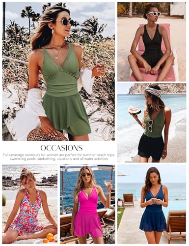 Women One Piece Swim Dress X-Large Hot Pink Double Layer Mesh V Neck Tummy Control
