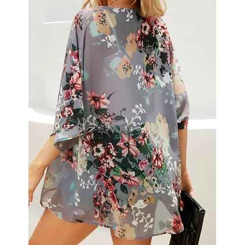Women's Floral Print Puff Sleeve Kimono Cardigan Loose Cover Up Casual Blouse Tops