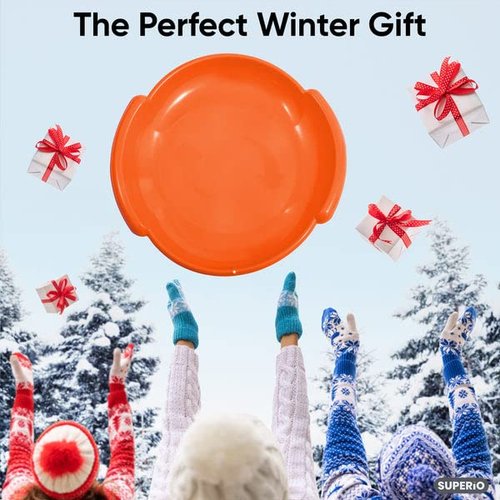 Superio Round Snow Saucer Sled- 24" Plastic Disc Sled for Kids and Adults- Heavy Duty Sled with Handles for Downhill Sledding, Winter Outdoor Sports (Orange, 3 Pack)