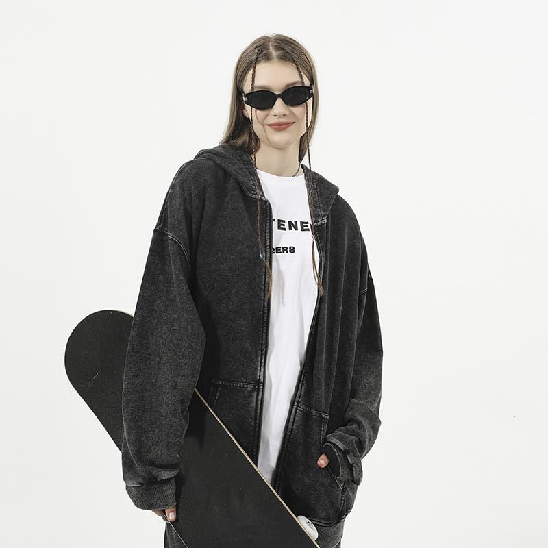 Men's Zip-Up Hoodie Large Black Solid Oversized Hip-Hop Casual Sweatshirt