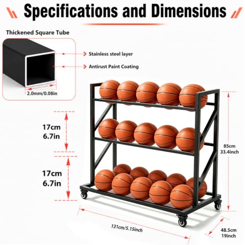 3-Tier Basketball Storage Rack with 20-Ball Capacity & Rolling Wheels