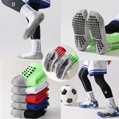 Kids Soccer Grip Socks 10-12 Years Black White 6 Pairs Cushioned Non Slip Athletic Socks for Boys
