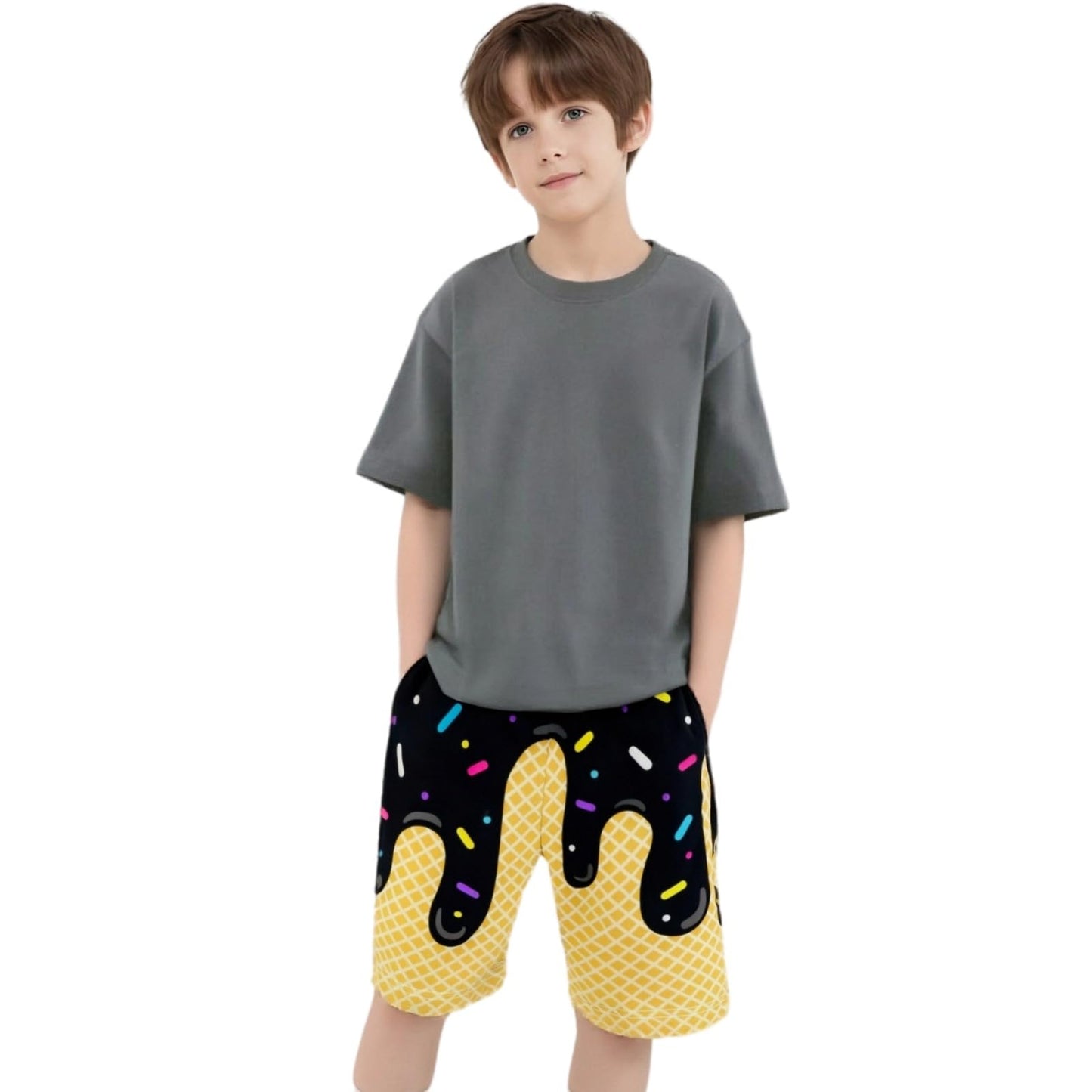 Ice Cream Boys Casual Shorts Athletic Gym Drip Baseball Shorts Elastic Waist with Pockets, Summer Sports Outdoor Home Wear Black 11-12 Years