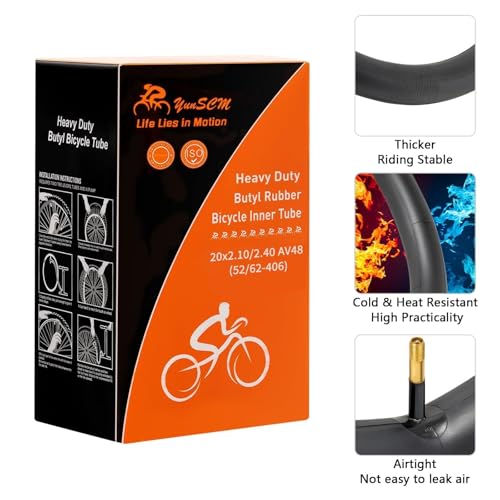 YUNSCM 2-PCS 20" Heavy Duty Bike Tire Tubes 20x2.10/2.40 AV48 MM Schrader Valve 52/62-406 Bicycle Inner Tubes Compatible with 20x2.10 20x2.125 20x2.20 20x2.25 20x2.3 20x2.35 20x2.4 Tire Tubes