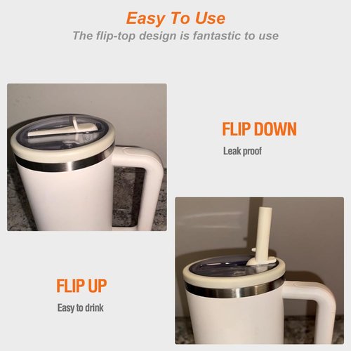 2 Pack Flip Straw Leak Proof Lid for Stanley 40 oz Tumbler Quencher - Reusable Spill Proof Lid Top Cover Stanley 40oz Cup Accessories - Replacement of Leaking Original Stanley Lids - Beige