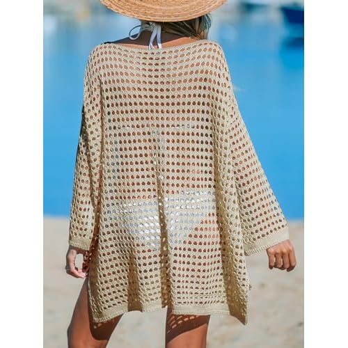 CUPSHE Women's Crochet Cover Up Cutout Drop Shoulder Long Sleeves Pullover Beachwear Bathing Suit 2025