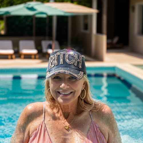Popfizzy Bling Hat for Women, Rhinestone Baseball Cap, Bedazzled Distressed Denim Hat, Fun Birthday Gifts for Women and Girls