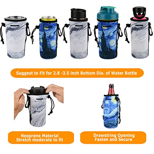 Neoprene Bottle Sleeve, 2-Pack Insulated Drawstring Covers for 18-20 oz Bottles - Marble & Van Gogh Patterns