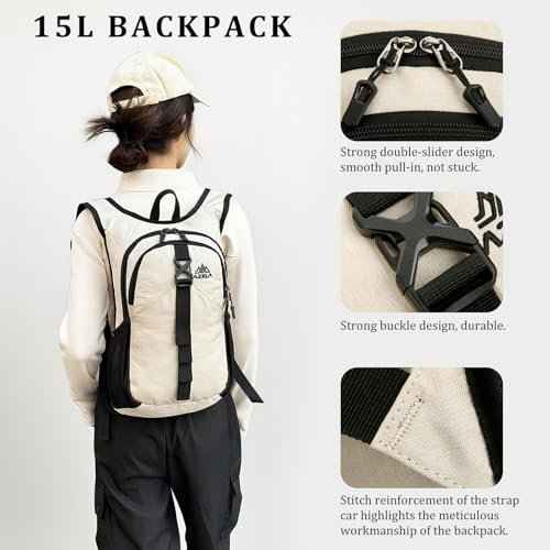 15L Small Hiking Backpack Foldable Ultralight Trekking Camping Outdoors Backpack for Women Men (beige)