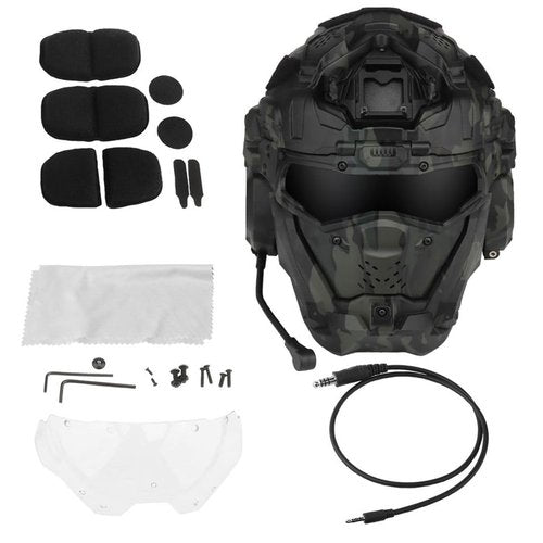 ROUASD Tactical Helmet for Mens, Black CS Helmet Protective Gear Built-in HD Headset & Anti-Fog Fan & Goggles, Adjustable 52-62cm for Airsoft & Hunting Outdoor Games