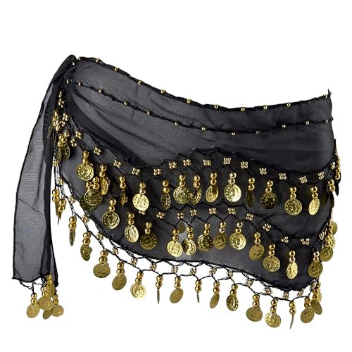 Black Belly Dance Hip Scarf with 128 Gold Coins for Women - MOLFUJ