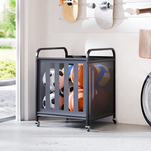 niffgaff Large Rolling Ball Storage Cart ? Metal Ball Bin with Lockable Wheels and Elastic Straps, Holds Basketballs, Soccer Balls, Toys and Sports Equipment, Indoor & Outdoor Organizer ? Black