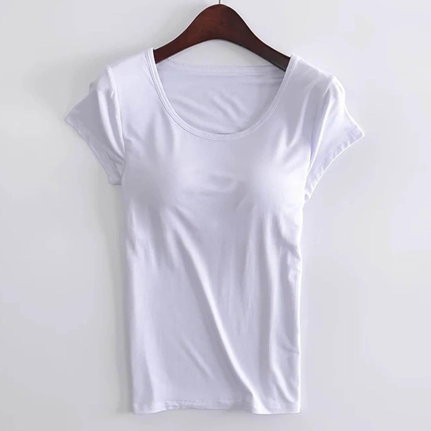 JiXiang Shirts with Built in Bras for Women Short Sleeves Crewneck Padded Tunics Tops Comfy Athletic Shelf Bra Active Tees