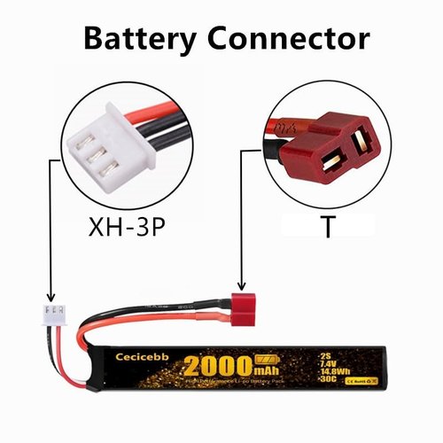 Cecicebb Airsoft Battery 7.4V 2000mAh 30C with T Plug for Airsoft Model Guns Rechargeable 2S Lipo Battery 2 Pack with 7.4V USB Charger Cable