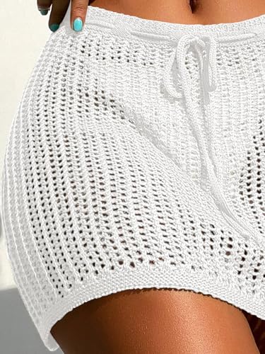 Medium White Crochet Cover Up Shorts Hollow-Out High Waist Tie Front Knit Swimsuit Beach Skirt