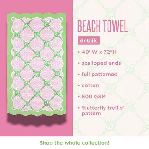 Lilly Pulitzer Oversized Pool/Beach Towel, 40 x 72, Large Cotton Towel with Scalloped Edges for Adults, Blue/Green Butterfly Trellis Print, Butterfly Trellis