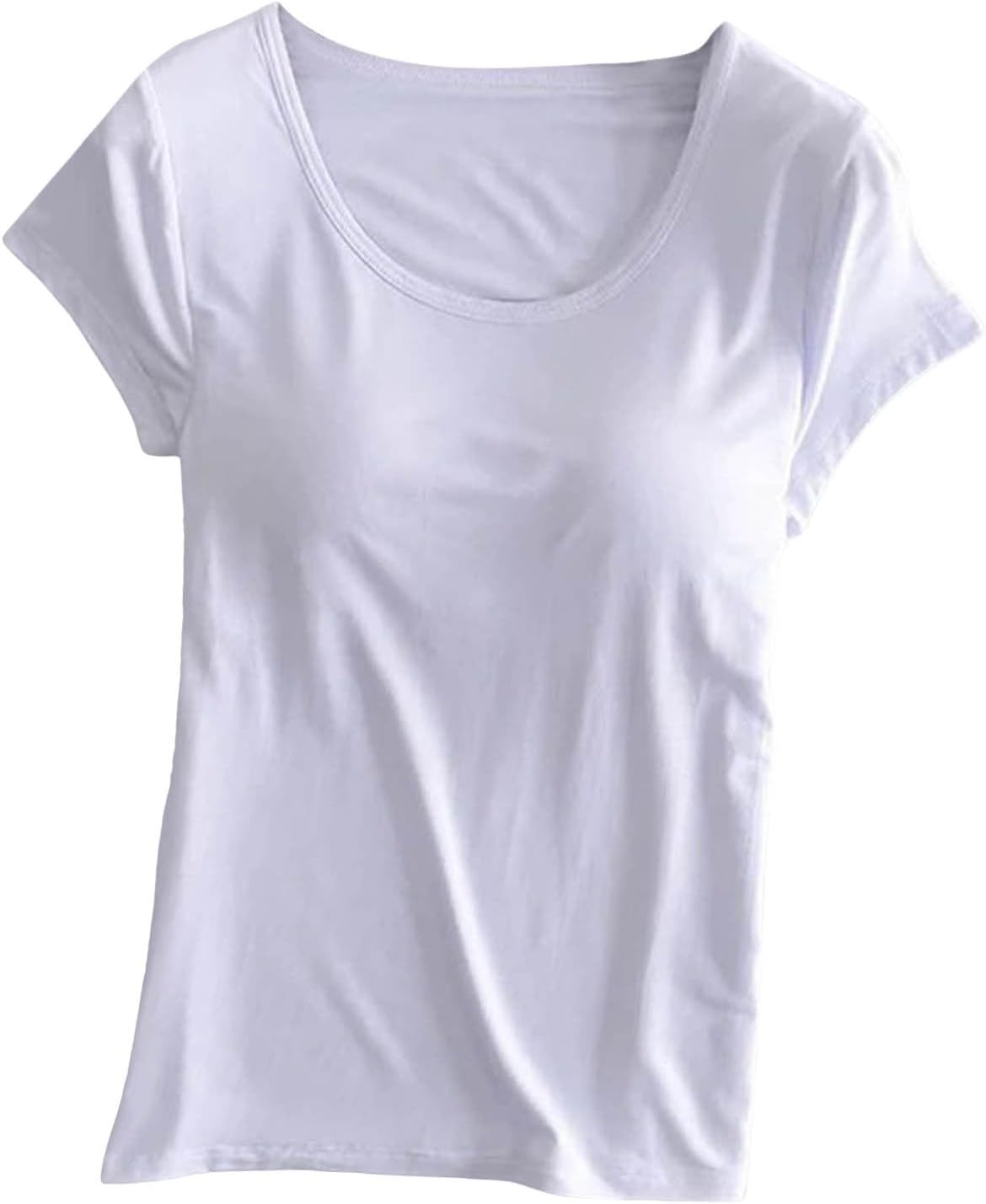 JiXiang Shirts with Built in Bras for Women Short Sleeves Crewneck Padded Tunics Tops Comfy Athletic Shelf Bra Active Tees