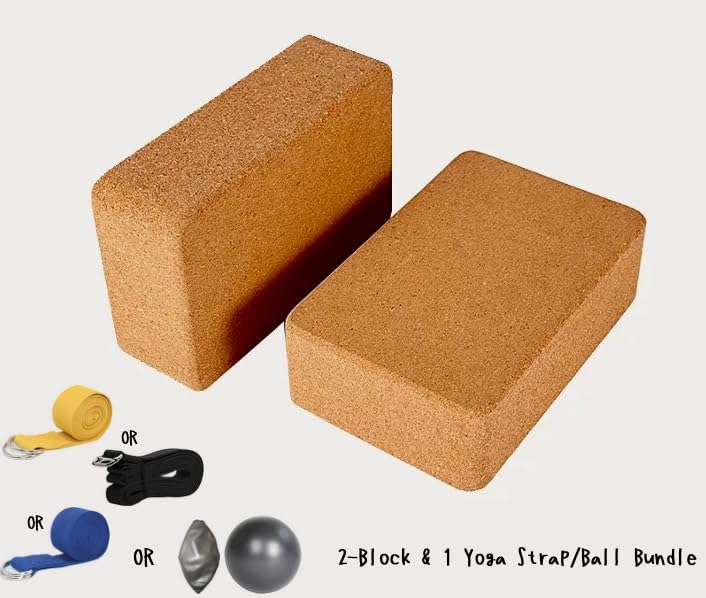 2 pcs Natural High Density Cork Yoga Blocks with 1 Yoga Strap/Exercise Ball, Rounded Edge, Natural Eco-Friendly Heavy-Duty Bricks for Balance, Support, and Flexibility β Yoga, Meditation & Stretching Props, 9βx6βx3β