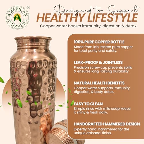 Pure Copper Water Bottle 600ml Hammered Finish Leak Proof Ayurvedic Benefits