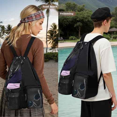 Beach Backpack with Wet Pocket Drawstring Mesh Beach Bag Waterproof Swimming Pool Backpack for Men and Women