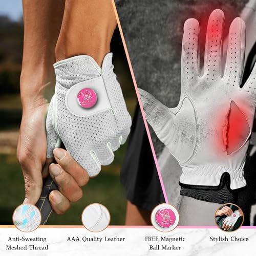 Left White Women's Golf Glove - Breathable Mesh Design, Premium Leather, Includes Magnetic Ball Marker