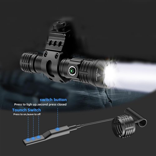 haixnfire Tactical Flashlight Type-C USB Rechargeable 6000 lumens Zoomable LED Waterproof flashlights with Pressure Switch Picatinny Rial Light