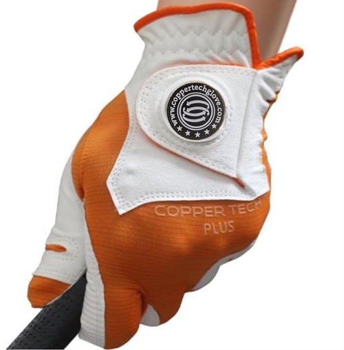 Copper Tech Plus Men's Left for Right Handed Golfers Golf Glove – Advanced Compression for Muscle Support, Joint Relief – White/Orange, 1 Pack, One Size Fits Most