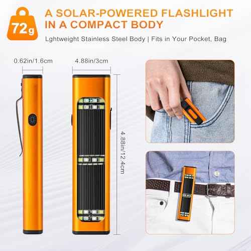Solar/Rechargeable Flat Flashlights, 900 Lumens EDC Tactical Flashlight, Multi Function LED Small Flashlight, 7 Modes IP65 Waterproof for Home, Camping,and Emergency Use (Orange)