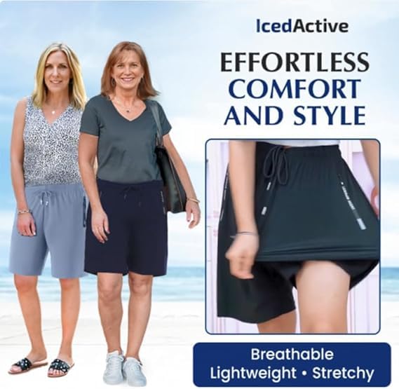ICY Shorts - Airyflex Iced Active Silk Cooling Stretch Quick Drying Shorts for Senior Women Over 50 (US, Alpha, Large, Regular, Regular, Black)