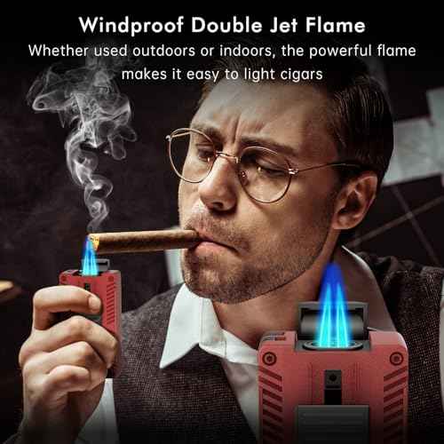 XIFEI Torch Lighter, Double Jet Flame Lighter with Cigar V Cutter and Punch, Draw Enhancer and Holder, Refillable Butane Lighter, Multifunctional Cigar Accessory for Men's Gift (Red)