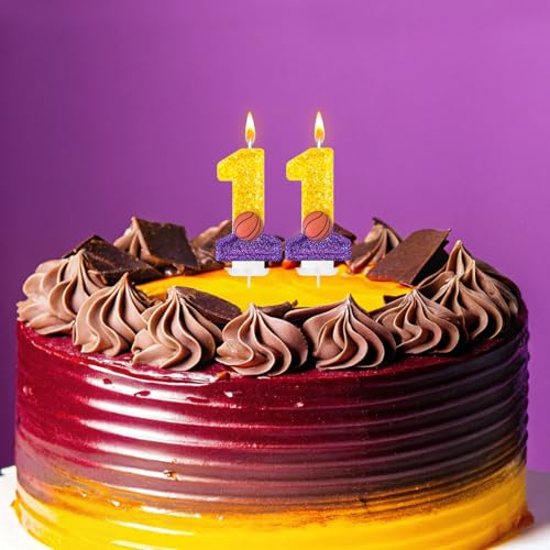 Basketball Number 11 Birthday Candle - Purple Gold Cake Topper for Sports Party