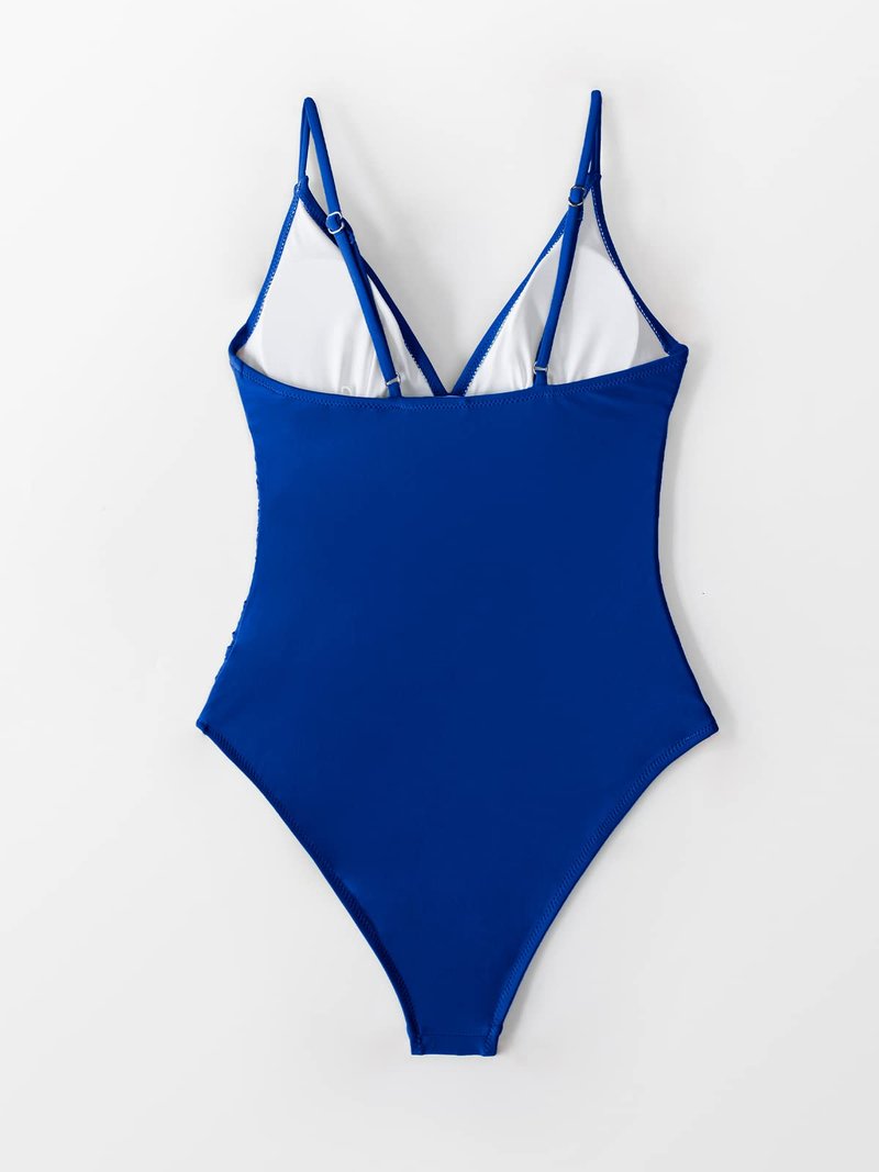 CUPSHE Women's One Piece Swimsuit Shirring Design V Neck Low Back Bathing Suit, Deep Blue, S