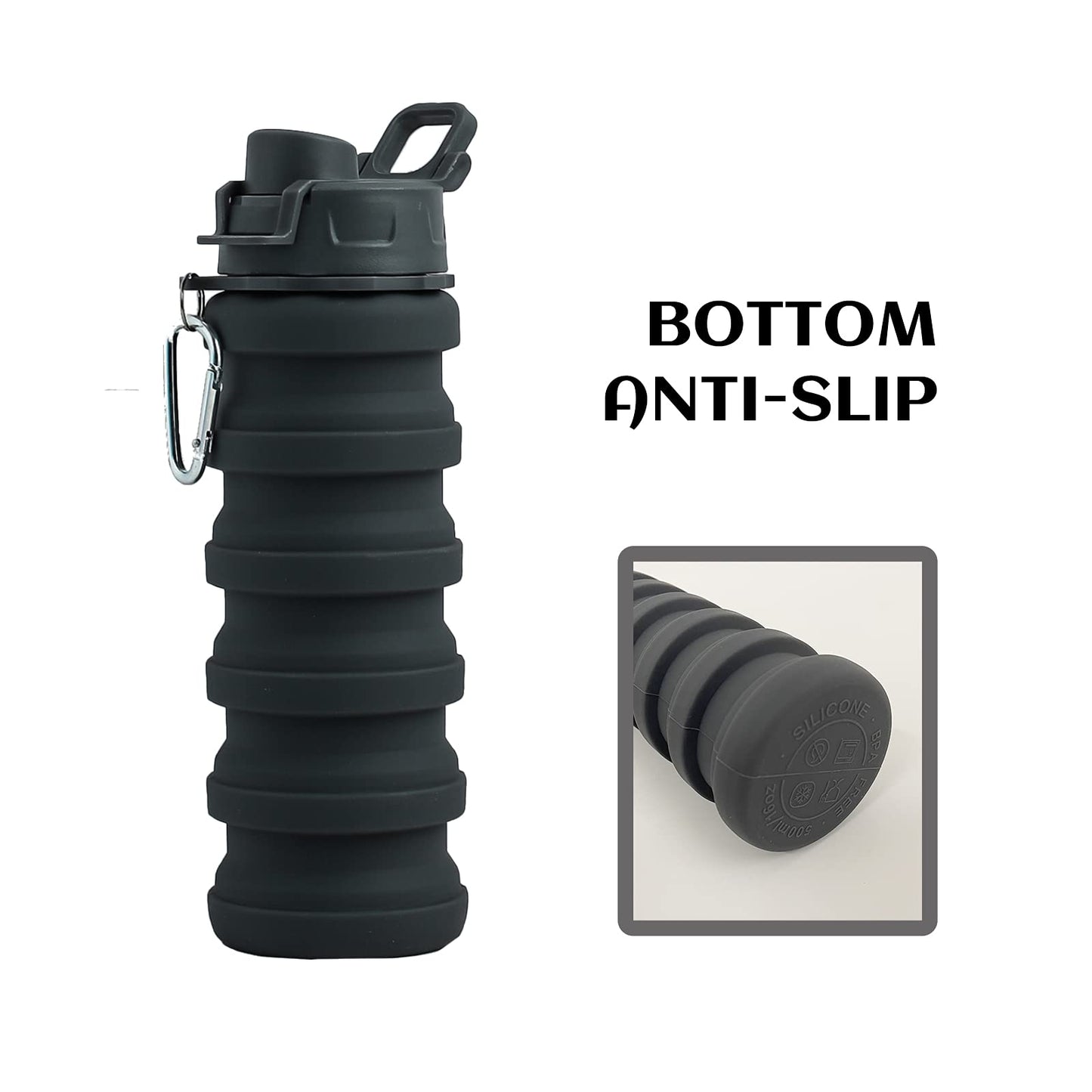Collapsible Silicone Foldable Water Cup - 16oz BPA Free Reusable Water Bottle - Hiking Travel Sports Kids - Gray