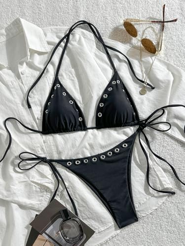 Women's 2 Piece Y2K Bikini Set Small Black Grommet Eyelet Thong Swimwear