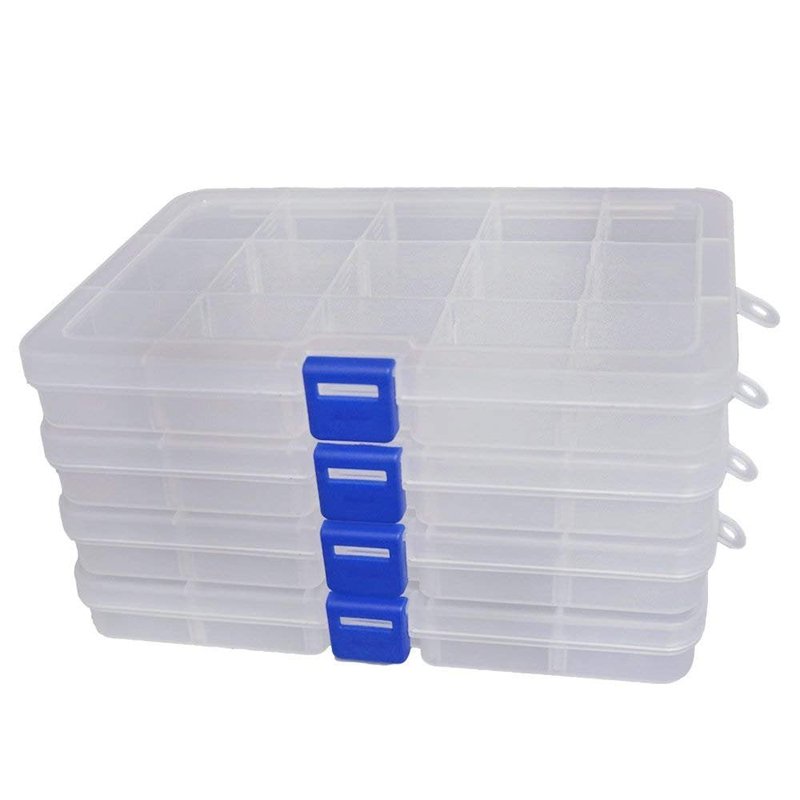 Qualsen 15 Girds Bead Organizer with Adjustable Dividers(4 Pack), Tackle Box Organizer and Small Plastic Organizer Box for Jewelry, Beads, Earrings, Crafts, Screws and Fishing Tackles Small Items