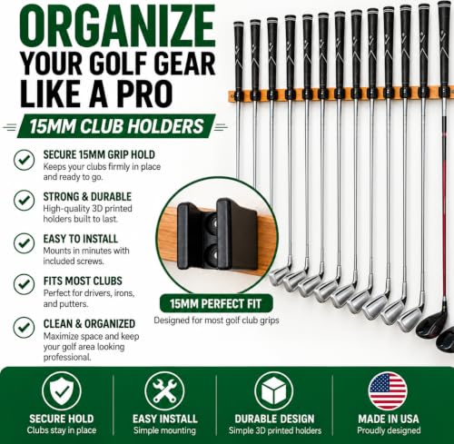 Golf Club Wall Mount Holder Set - 15 Wall Hangers for Golf Clubs