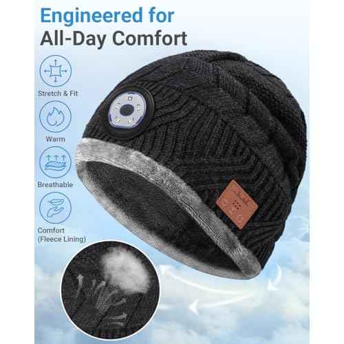 Bluetooth Beanie with a Light, Rechargeable Hat with 4 LED Headlamp & Headphones, Christmas Stocking Stuffers Gifts for Men