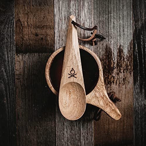 Kanu Wooden Camping Spoon - Handcarved Nordic Bushcraft Utensil with Lanyard & Carabiner - Lightweight Reusable Survival Tool