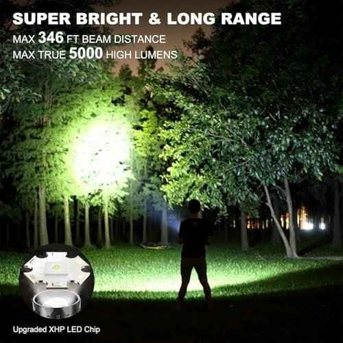 4 in 1 Rechargeable 6500K / 395nm UV Flashlight Dimming Stepless True 5000 Lumens IP45 Zoomable Beam UV Light, 5000mAh Halloween LED Flash Light with Magnet Power Failure